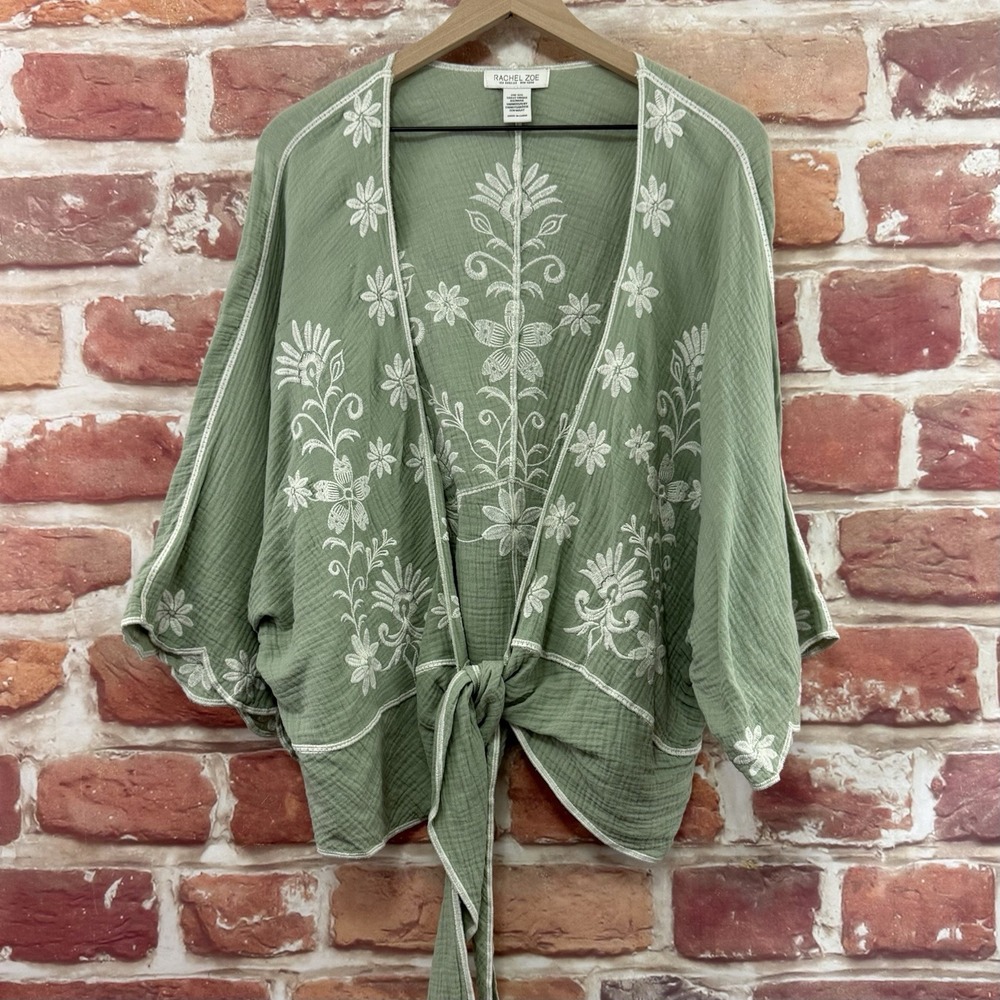 Rachel Zoe Kimono Top Women's OS Sage Green Boho Embroidered Gauzy Shirt Topper